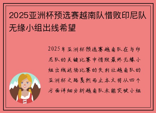 2025亚洲杯预选赛越南队惜败印尼队无缘小组出线希望