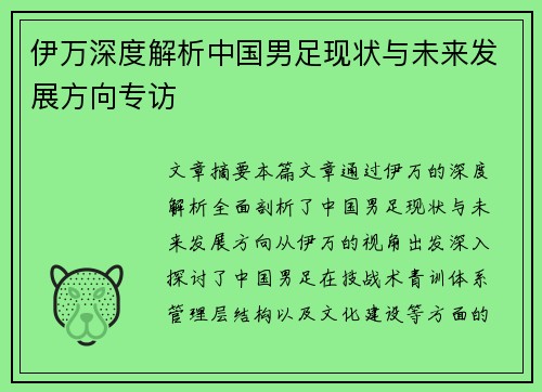 伊万深度解析中国男足现状与未来发展方向专访